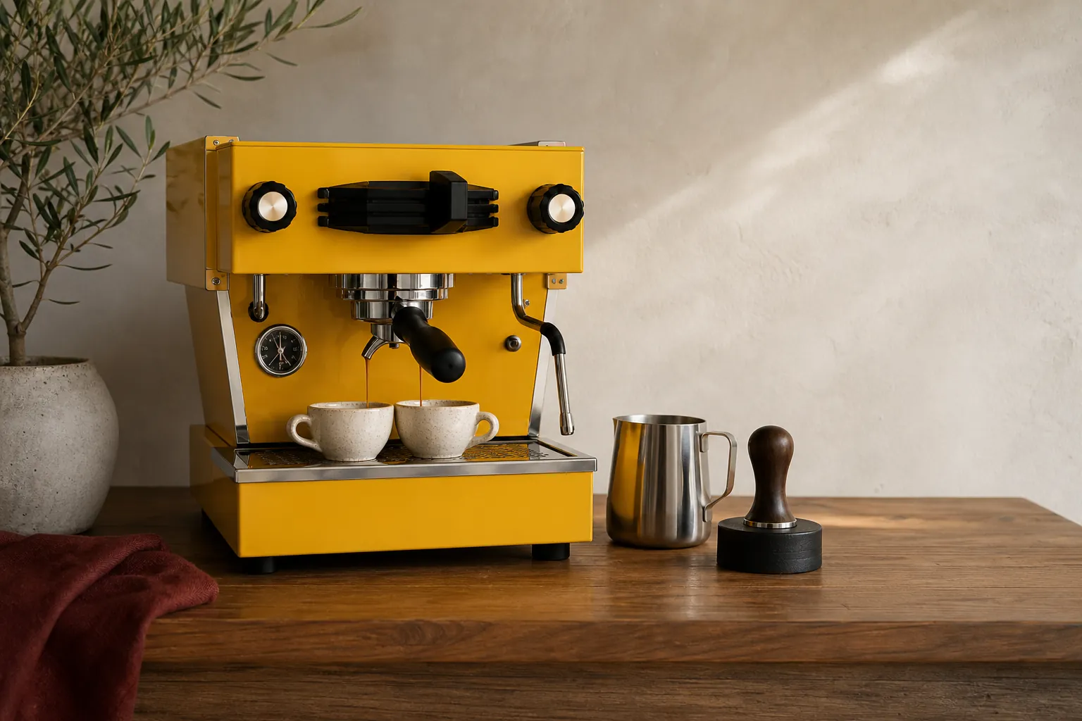 Gelbe professionelle Espressomaschine mit Tassen, Milchkännchen und Tamper