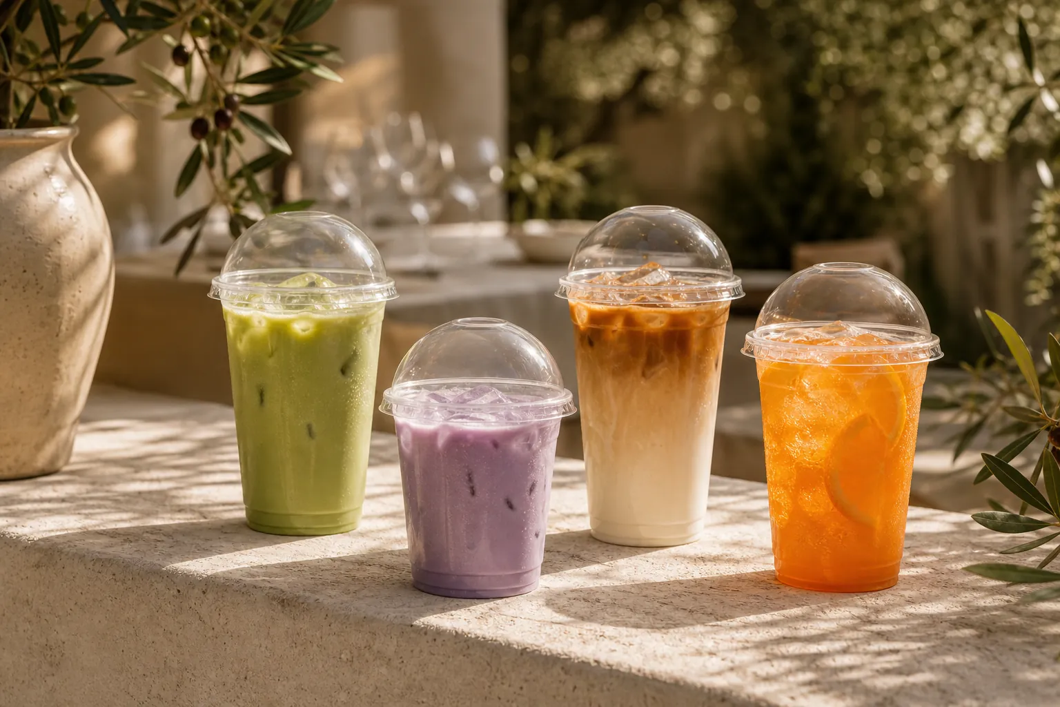Vier moderne Coffee- und alkoholfreie To-go-Drinks
